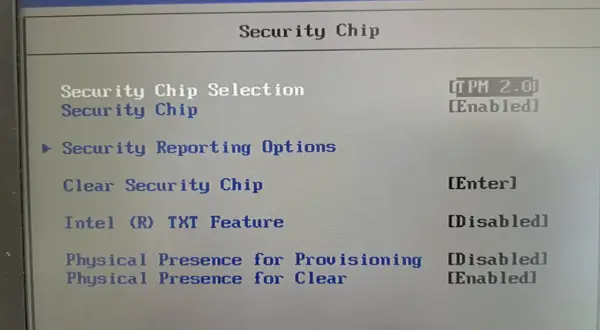 ThinkPad Setup: Security Chip Einstellungen. TPM 2.0 ist aktiviert. Wenn der BIOS nicht startet, könnte dies eine Ursache sein.