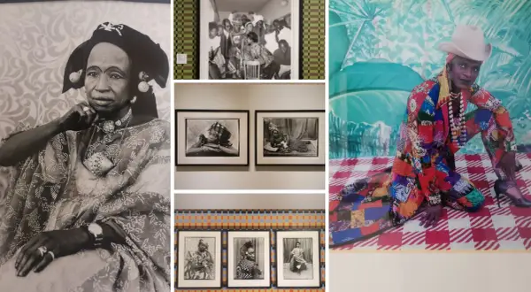 Ritratti di persone in Sudafrica, tra cui una donna anziana con gioielli elaborati e una figura colorata con un cappello da cowboy.