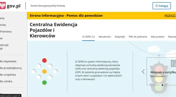 Strona gov.pl z informacjami o Centralnej Ewidencji Pojazdów i Kierowców (CEPiK). Możliwe jest cepik sprawdzenie prawa jazdy.
