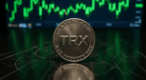 Eine TRX-Münze liegt vor einem grünen Chart, der die Volatilität von tron crypto zeigt.