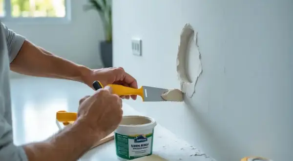 Person spacklar hål i väggen med en spackelspade och spackel.