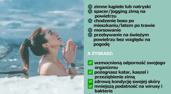 Kobieta w lodowatej wodzie, symbolizująca hartowanie organizmu. Wzmocnij odporność, pożegnaj przeziębienia.