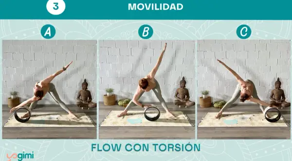 Secuencia de yoga con rueda para movilidad y torsión. Posturas A, B y C con una mujer en un estudio.