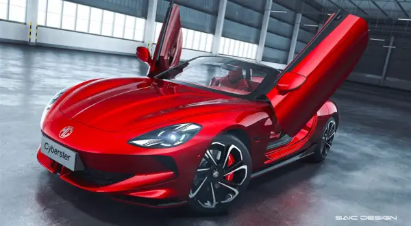 MG Cyberster rojo con puertas de mariposa abiertas. ¿Qué marca es? Un deportivo futurista.