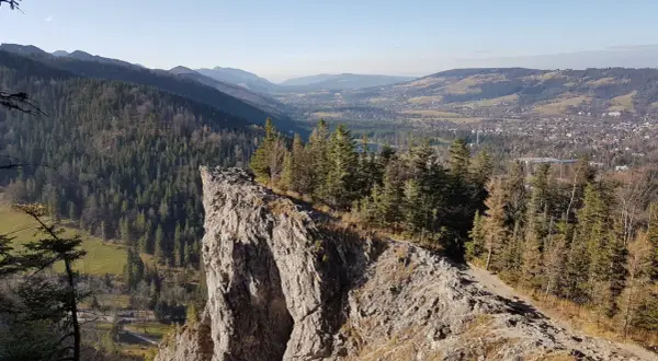 Widok z Nosala, góry samobójców, na Tatry i Zakopane. Skalisty szczyt, las i dolina.
