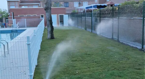Aspersores riegan césped recién plantado junto a una piscina. Es el momento ideal para saber cuándo es mejor regar el césped y asegurar su crecimiento.