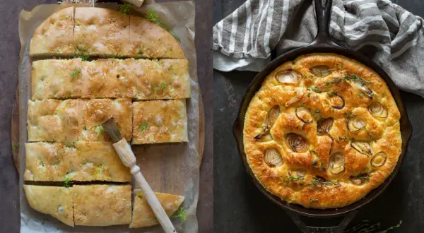 Två fluffiga focaccia, en med ost och örter, den andra med lök och timjan. Perfekt för fika eller middag.