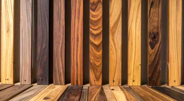 Muestras de madera de distintos tonos y vetas, ideales para la dureza de maderas clasificación.