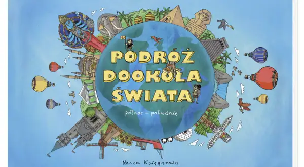 Ilustracja przedstawia planetę Ziemię otoczoną symbolami z różnych zakątków świata, sugerując podróżowanie po świecie.