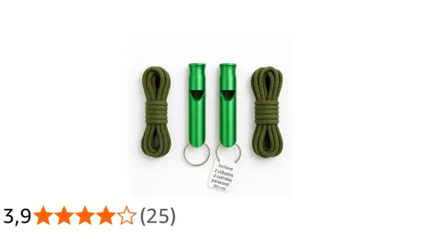 Dos silbatos verdes con un cordón paracord a cada lado, listos para la aventura.
