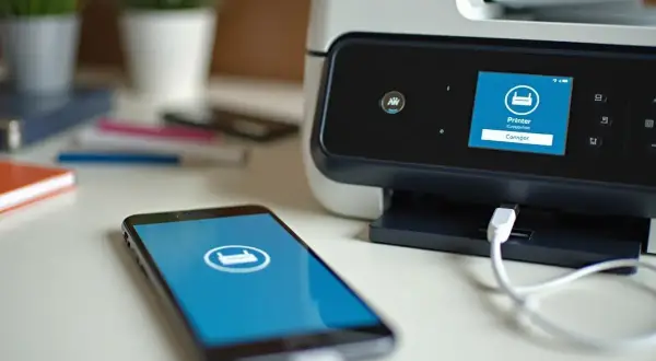 Smartfon podłączony kablem USB do drukarki, oba z ikoną drukarki na ekranie.