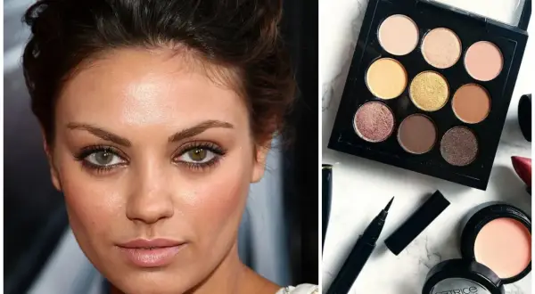 Idealny makijaż do zielonych oczu: brązowe i złote cienie podkreślają tęczówki. Paleta z brązami i złotem, eyeliner i tusz.