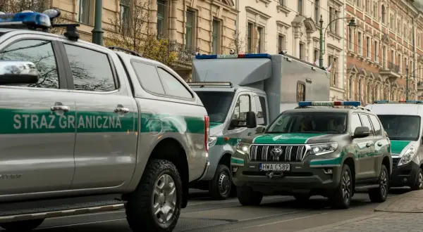 Służba mundurowa Straży Granicznej w akcji. Kolumna pojazdów, w tym terenowych i dostawczych, porusza się ulicą w mieście.