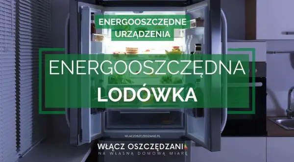 Otwarta, energooszczędna lodówka z jedzeniem i zielonym napisem "ENERGOOSZCZĘDNA LODÓWKA".