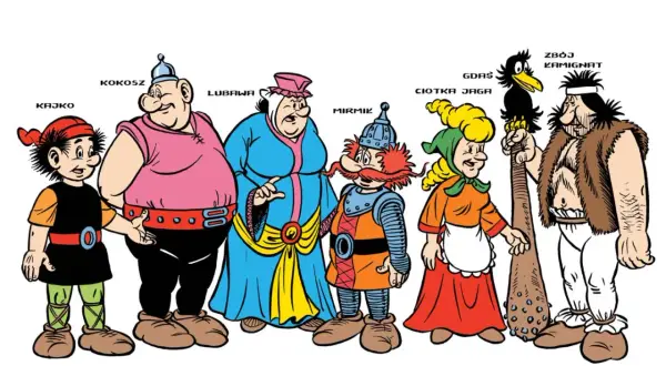 Postacie z komiksu Kajko i Kokosz: Kajko, Kokosz, Lubawa, Mirmil, Ciotka Jaga, Gdaś i Zbój Kamignat.