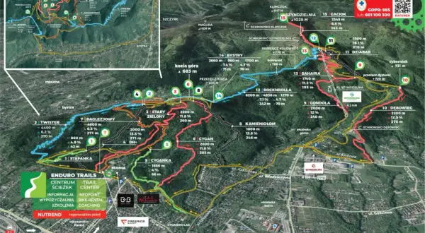 Mapa z zaznaczonymi trasami **enduro trails** w Beskidach, z nazwami, długością i nachyleniem.