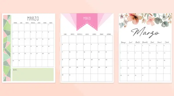 Tres diseños de calendario del mes de marzo, uno con diseño geométrico, otro con un lazo rosa y el último con flores.