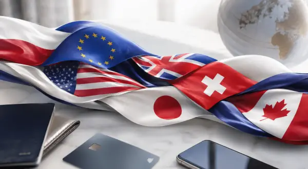 Flagi Polski, UE, USA, UK, Szwajcarii, Japonii i Kanady. Wybór konta walutowego zależy od potrzeb.