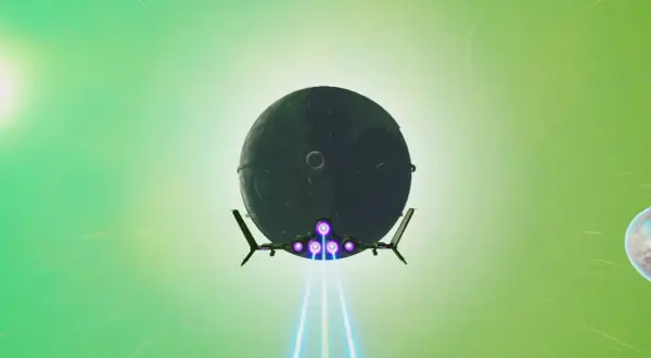 Ein Raumschiff fliegt auf eine riesige, dunkle Kugel zu, während im Hintergrund ein Planet und ein heller Stern leuchten. Ein typischer Anblick in No Man's Sky.