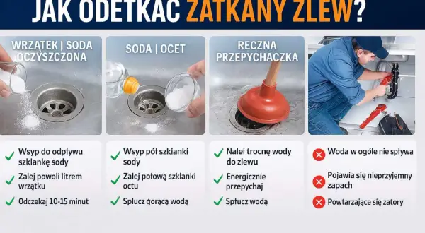 Jak odetkać zlew? Poradnik: soda z wrzątkiem, soda z octem, przepychaczka. Gdy woda nie spływa, użyj przepychaczki.