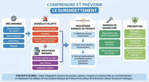Infographie sur le surendettement : causes, signaux, risques, procédure Banque de France et prévention. La définition du moratoire est implicite dans les marges de manœuvre.