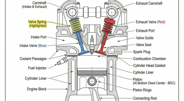 Detaljerad illustration av en motorcylinder med kolv, ventiler och kamaxel. En gulmarkerad ventilfjäder kan indikera problem med dålig kompression.