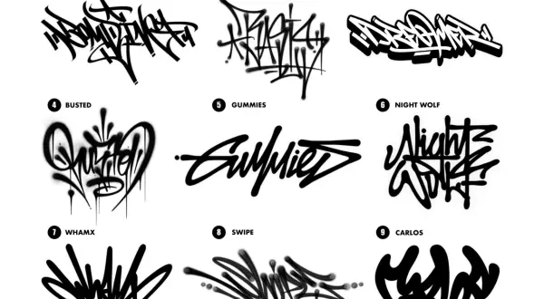Neun verschiedene Graffiti-Tags in Schwarz auf weißem Hintergrund, nummeriert und mit Namen versehen.