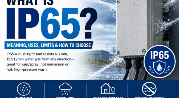 Boîtier étanche IP65 sous jets d'eau. Comparez IP65 vs IP67 pour savoir si l'immersion est possible.