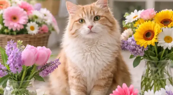 A fluffy orange cat sits amidst a colorful spring bouquet. While asters are not poisonous to cats, this feline friend seems more interested in the flowers than a snack.