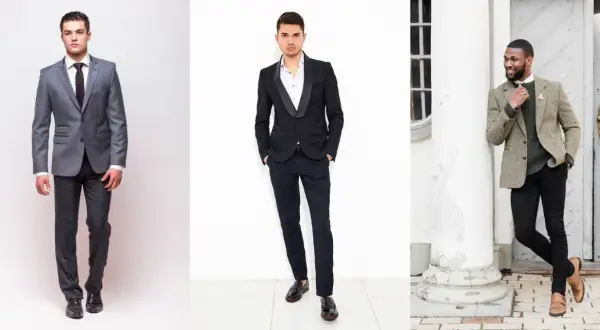 Trzech mężczyzn w eleganckich stylizacjach. Jeden w szarym garniturze, drugi w czarnym smokingu, a trzeci w tweedowej marynarce i czarnych spodniach. Brązowe buty do czarnych spodni wyglądają stylowo.