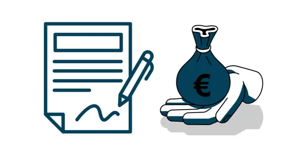 Umowa i worek z euro symbolizują niemieckie prawo pracy, które reguluje warunki zatrudnienia i wynagrodzenia.
