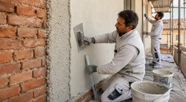 Un operaio intonaca un muro senza intonaco, mentre un collega lavora sullo sfondo. Lavori di ristrutturazione in corso.