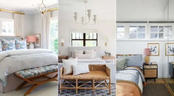 Three stylish bedrooms feature a bed against a window, each with unique decor.