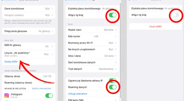 Dodaj eSIM, aby założyć kartę Revolut. Włącz roaming danych, by korzystać z telefonu za granicą.