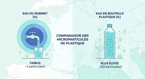 Comparaison de la composition eau du robinet et eau en bouteille. L'eau du robinet contient peu de microparticules, contrairement à l'eau en bouteille.