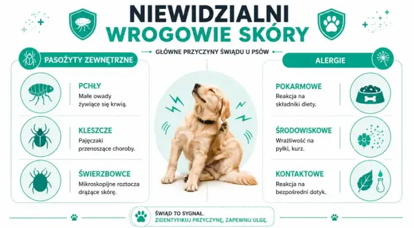 Pies drapie się z powodu pasożytów zewnętrznych (pchły, kleszcze, świerzbowce) lub alergii (pokarmowych, środowiskowych, kontaktowych).