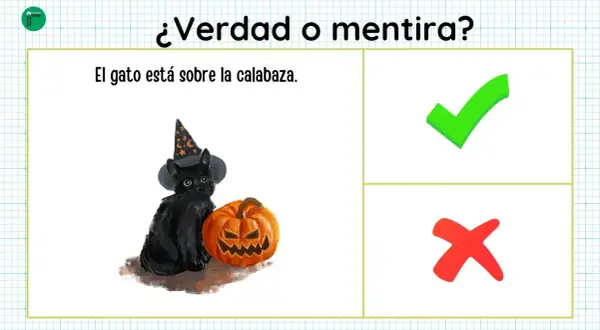 Gato negro con sombrero de bruja y calabaza de halloween. ¿Verdad o mentira? El gato está sobre la calabaza.