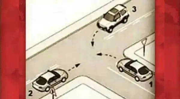 Tres coches en una intersección. El coche 3 tiene la prioridad de paso, seguido por el 2 y luego el 1.