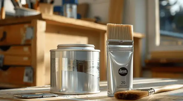 Pinceaux et boîte métallique sur un fond dur bois. Prêt pour le travail.