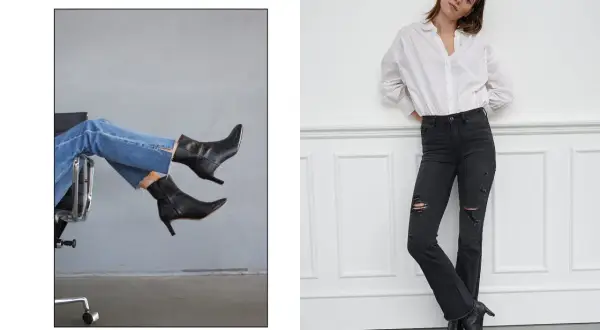 En kvinna i svarta, slitna vmbrenda jeans och en vit skjorta lutar sig mot en vägg. En annan bild visar en närbild på benen i ljusa vmbrenda jeans och svarta stövletter.