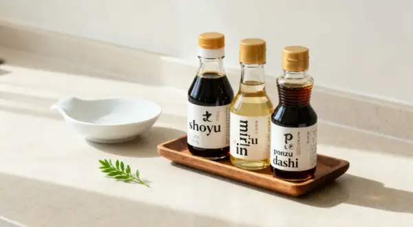 Tre flaskor med japanska smaksättare: shoyu, mirin och ponzu dashi. Perfekt för att ge ditt soja innehåll en extra touch.