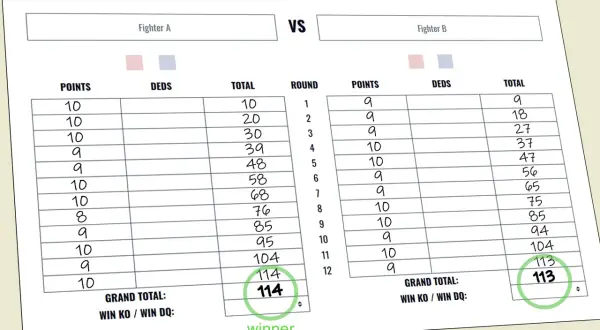 Boxing scorecard showing Fighter A won with 114 points. This score reflects how many points is a knockdown in boxing, with 10 points awarded per round.