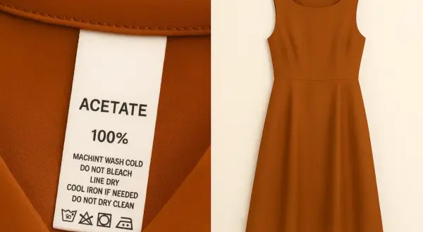 Brązowa sukienka z **acetate materiału po polsku**. Metka informuje o składzie i sposobie pielęgnacji.