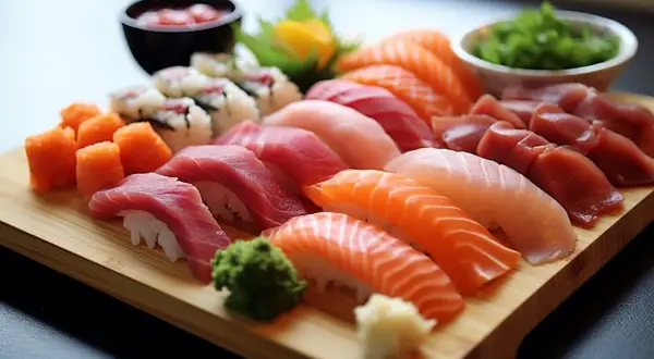 Vielfalt an Sushi: Nigiri mit Lachs, Thunfisch und weißem Fisch, dazu Maki-Rollen und kleine Lachs-Würfel. Was ist Sashimi Sushi? Hier sehen Sie die reine Fisch-Kunst.