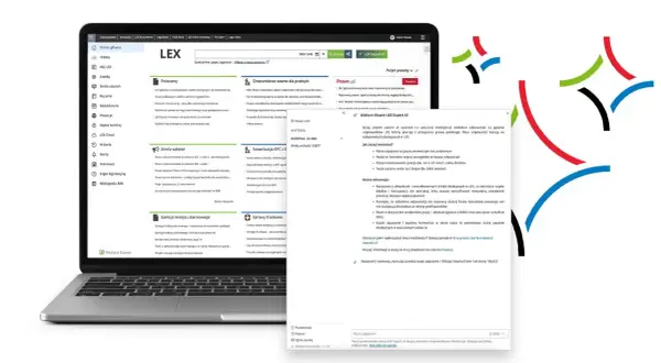 Laptop z otwartym interfejsem systemu LEX, prezentującym menu boczne i okno czatu z asystentem AI.