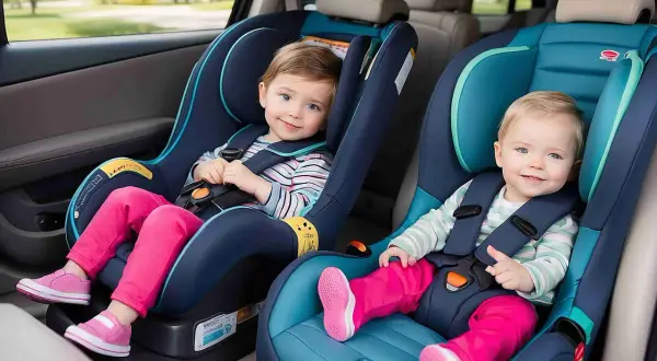 Zwei lächelnde Kinder sitzen sicher in ihren Kindersitzen im Auto.