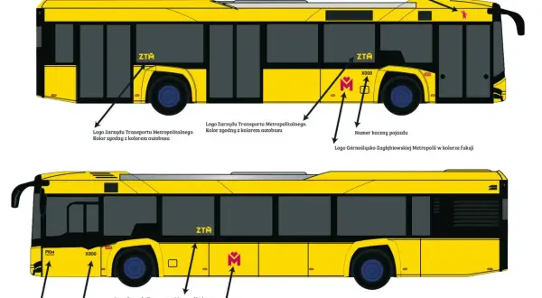 Żółty autobus z oznaczeniami linii. Widoczny numer boczny pojazdu, logo ZTM i Metropolii.