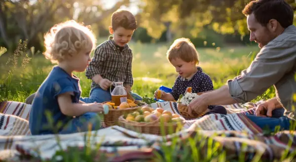 Ojciec z dziećmi na pikniku. Radosne chwile, gdy rodzina spędza czas razem, to idealny sposób na aktywnie w domu dla każdego.