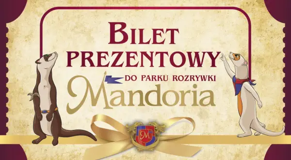 Bilet prezentowy do parku rozrywki Mandoria. Dwa urocze zwierzątka zapraszają do zabawy.