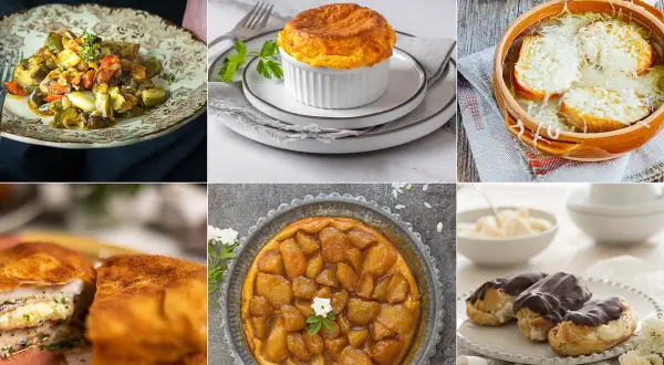 Collage de menjars típics de França: ratatouille, soufflé, sopa de ceba, escalope, tarta Tatin i éclairs.